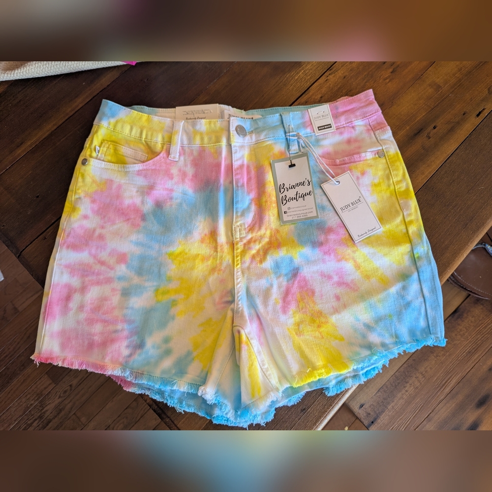 Judy Blue shorts womens large tie dye denim raw hem cutoff high waist stretch